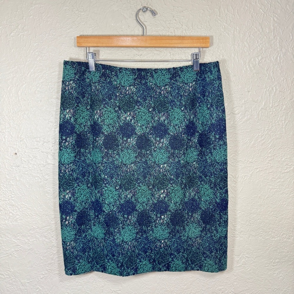 Worth New York Pencil Skirt 10 Crochet Navy Green Wool Blend Luxury Minimalist